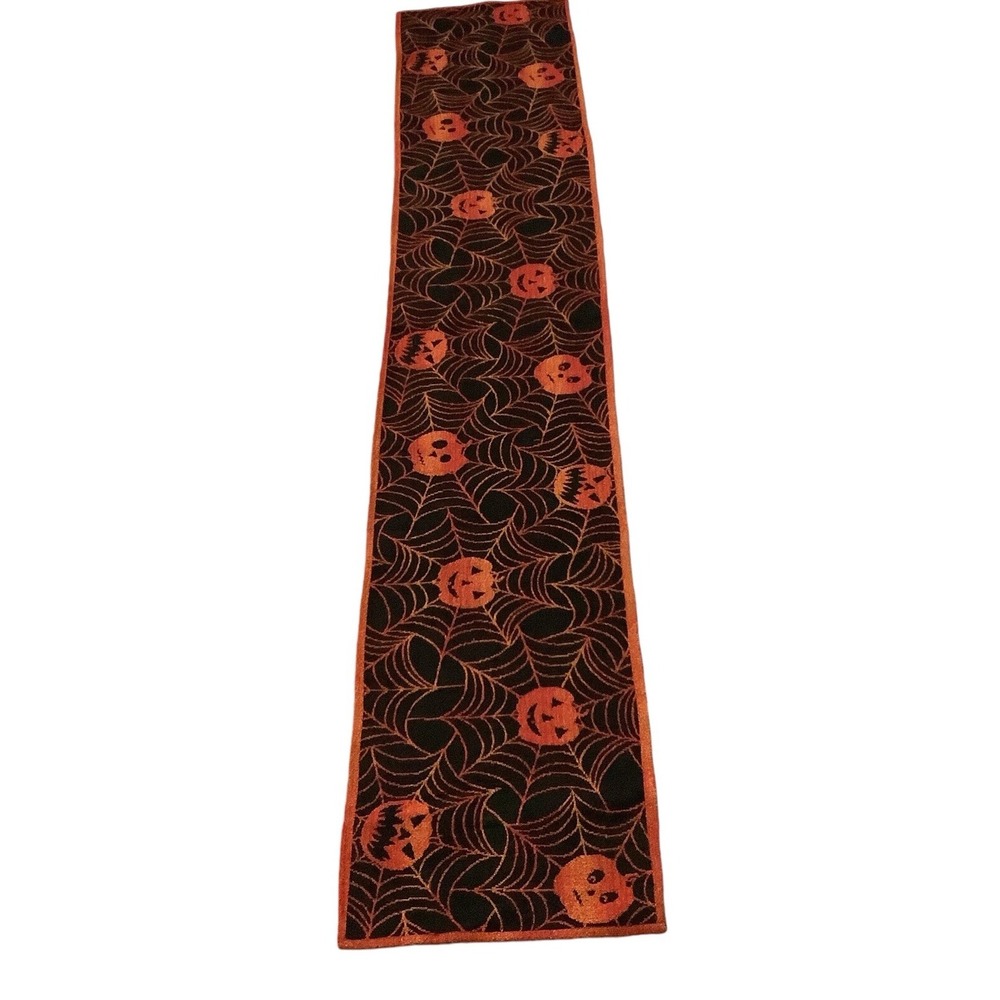 Halloween Table Runner Orange Black Jack-O-Lantern Spiderweb Decor 72x13